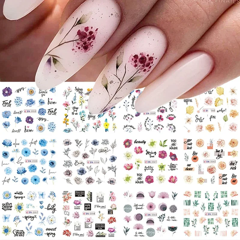 12 Designs Nail Stickers Set Mixed Floral Geometric Nail Art Water Transfer Decals Sliders Flower Leaves Manicures Decoration-Nail Inspo