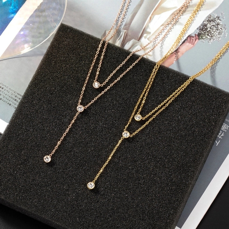 Casual Minimalist Round Titanium Steel Zircon Inlay Double Layer Necklaces