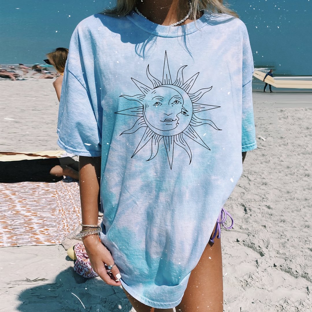Tie Dye Sun Moon Print Casual Long T-shirt
