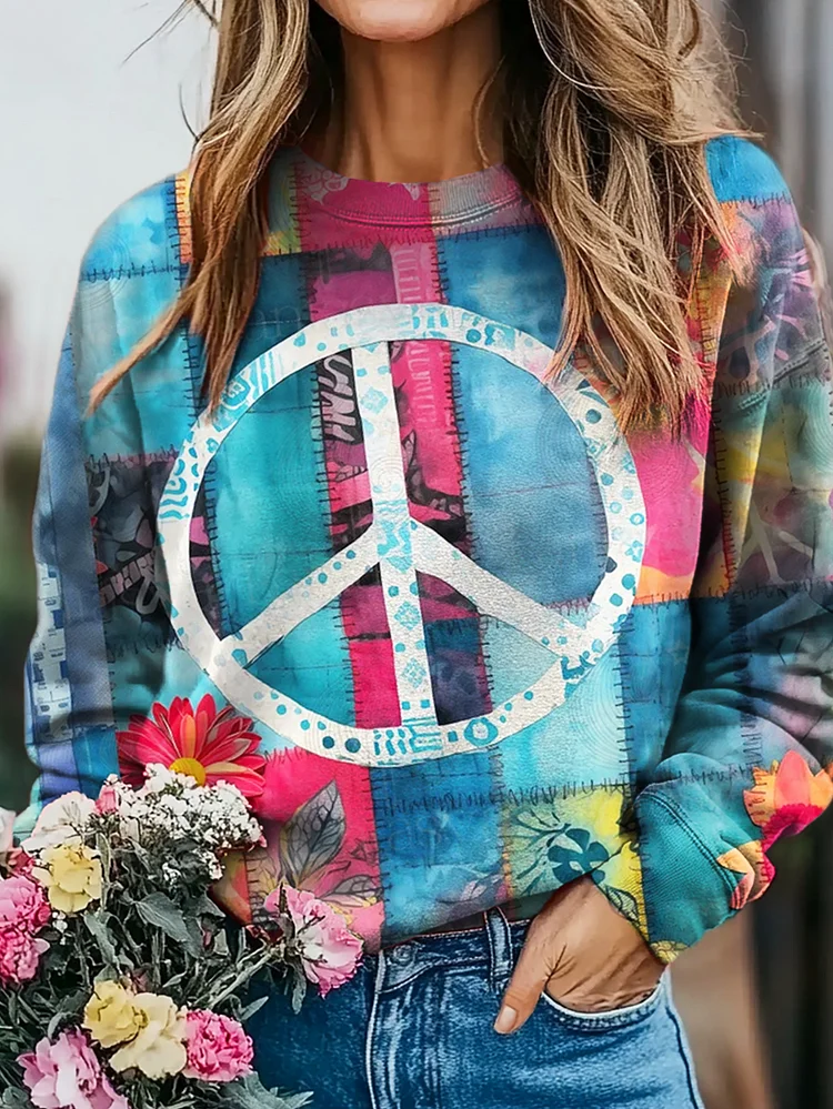 Women's Hippie & Peace Floral Collage Print Casual Crew Neck Sweatshirt