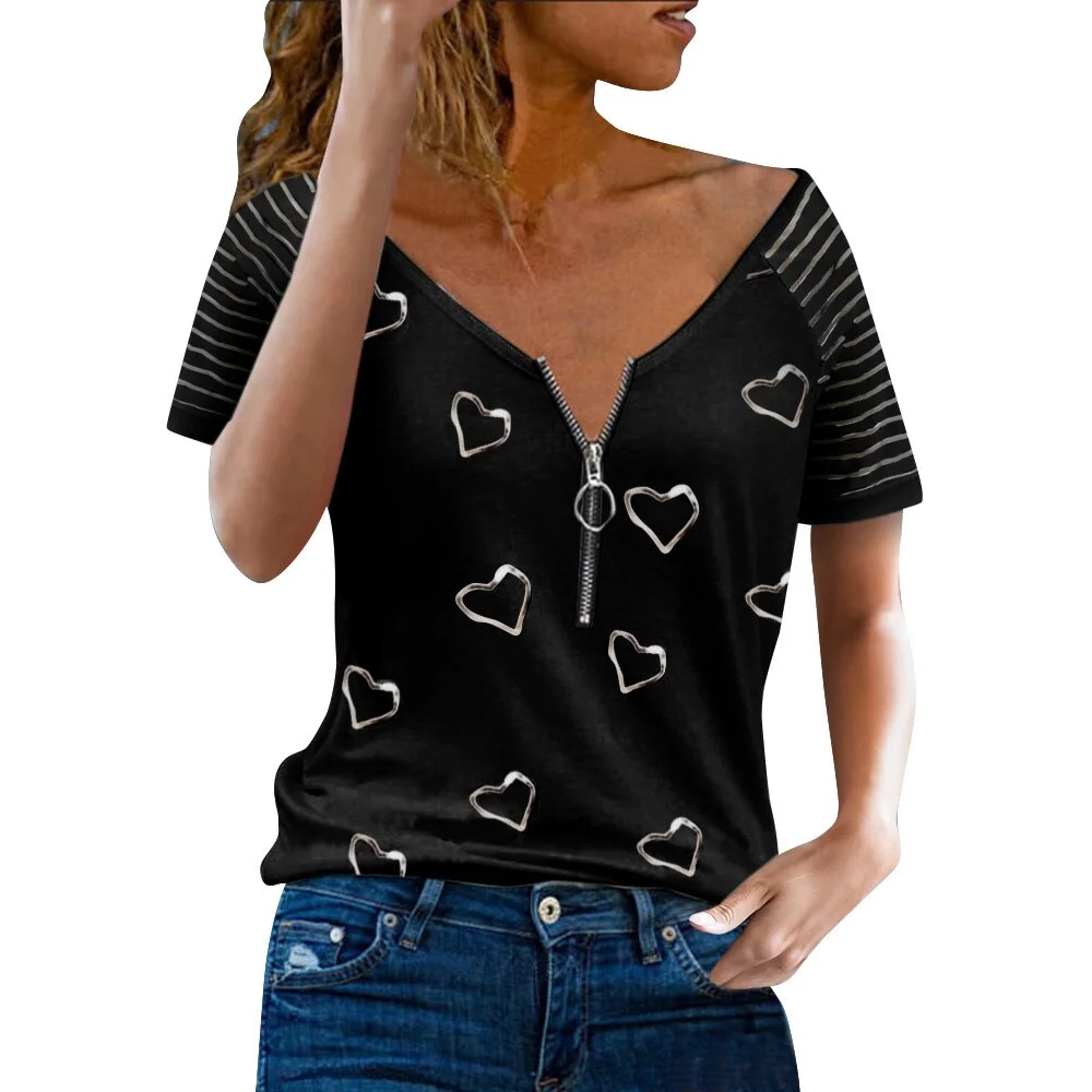 Women Zipper Up Heart Print V-neck Tops Vintage Summer Short Sleeve Shirt Loose Pullover T-shirt Casual Streetwear Tshirt D30