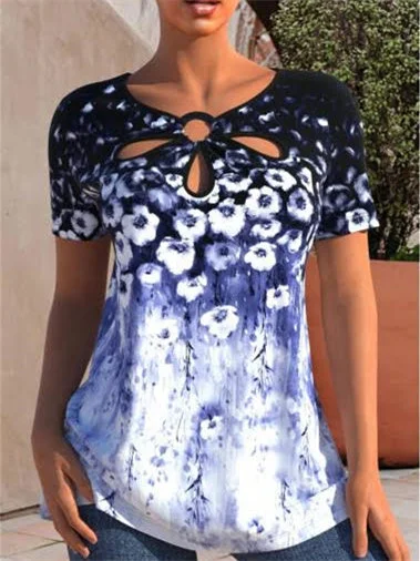 Women plus size clothing Women's Scoop Neck Short Sleeve Graphic Flower Printed Tops-Nordswear