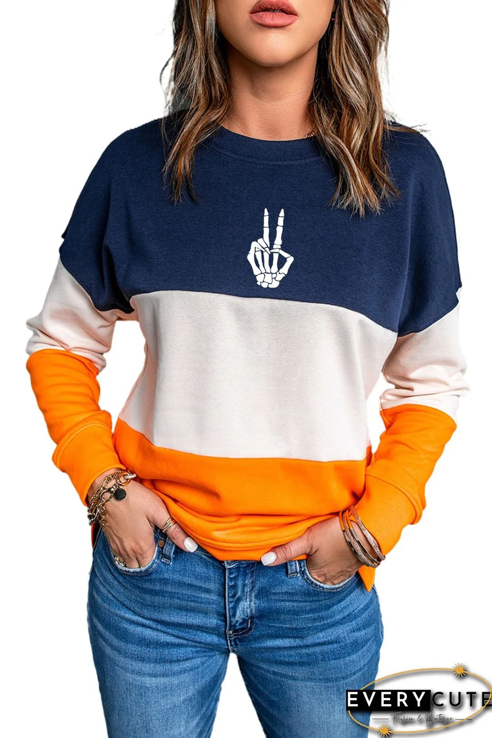 Halloween Skeleton Gesture Print Color Block Sweatshirt