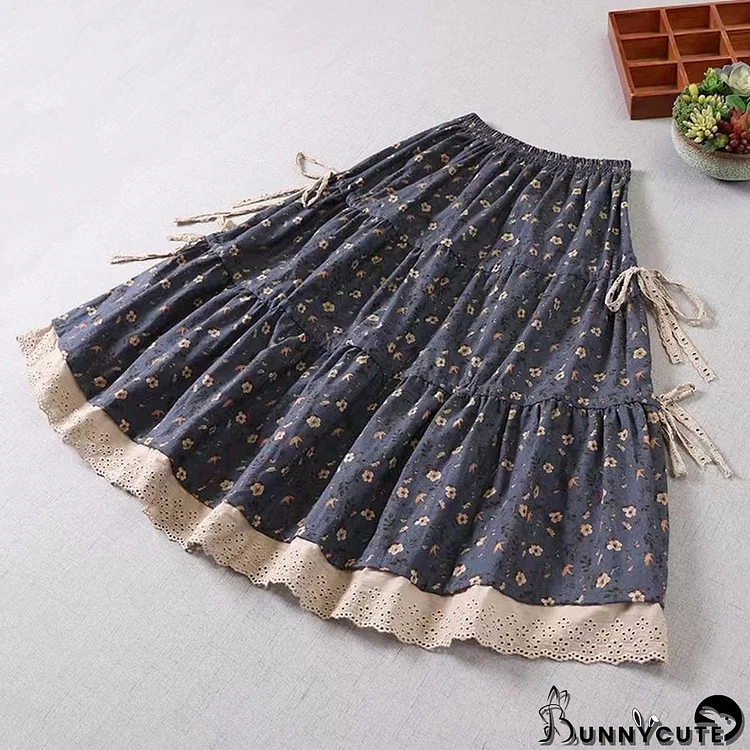 French Blue Hollow Out Patchwork Print Fall Skirt