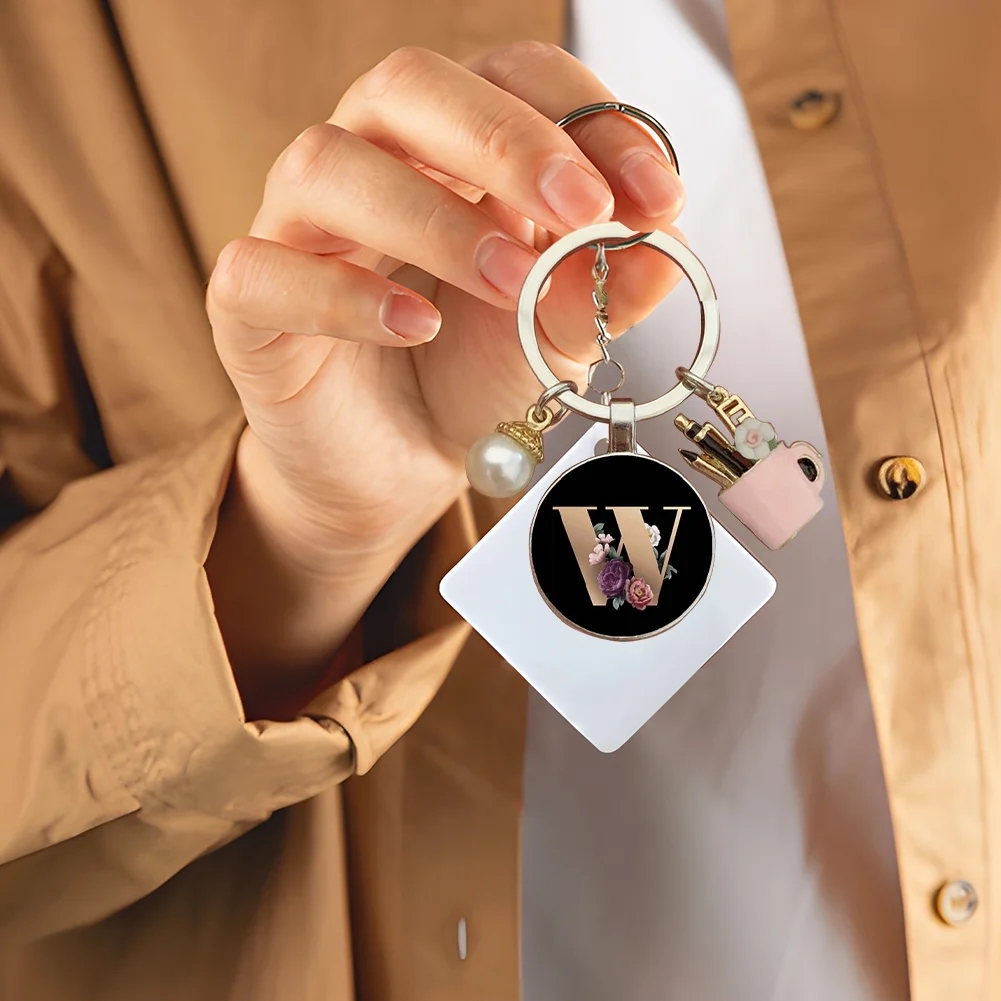 Resin Alphabet Letter Keychain Pearl Alphabet Key Ring Charms for Key Handbag Backpack