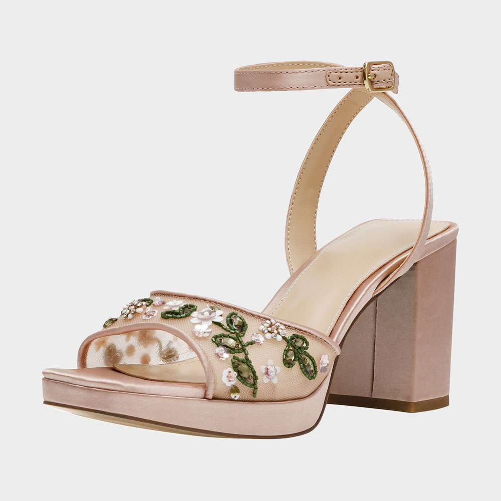 Nude Square Toe Buckle Floral Platform High Heels Sandals for Women Nicepairs