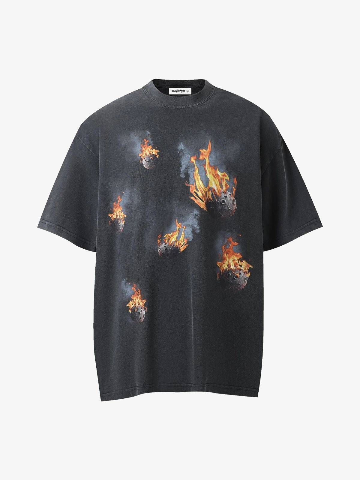 Black Act Chic Flaming Meteor Print Oversized Tee Front