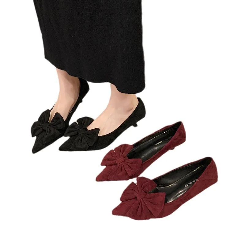 Yyvonne Heel Temperament Single-Shoe Women's Shoes Spring New Velvet Face Sweet Pointed Bow Bow Low Heel Shallow Women's Shoes