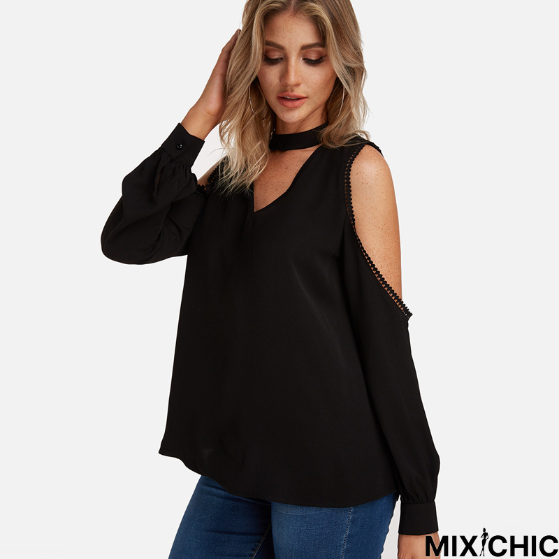 Casual Loose Sexy V-Neck Off Shoulder Long Sleeves Cut Out Blouse Shirts with Chock