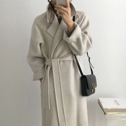 Autumn Winter New Women's Casual Woolen Blend Trench Coat Oversize Long Coat With Belt Women Wool Coat Cashmere Outerwear