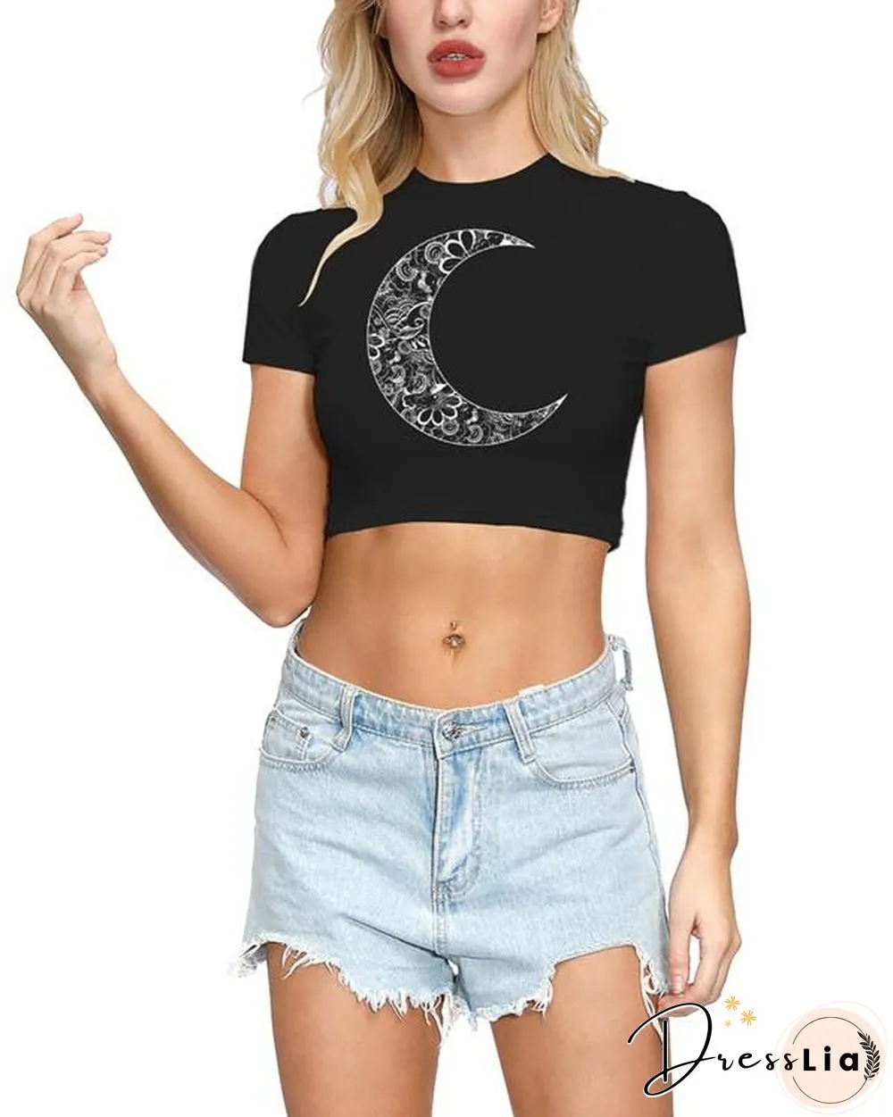 MOON PRINT TIE DETAIL CASUAL T-SHIRT
