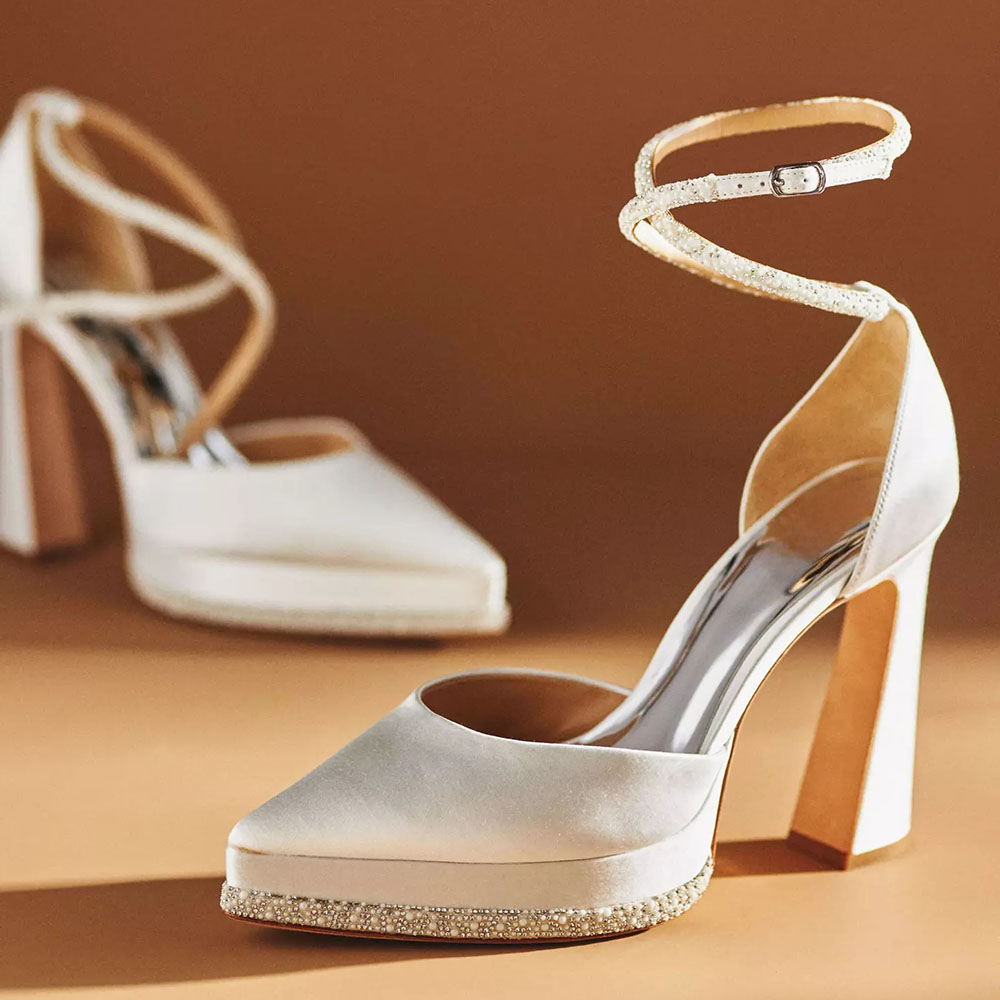 Ivory Satin Beads Pearls Pointed Toe Buckle Ankle Strap Platform Pumps Nicepairs