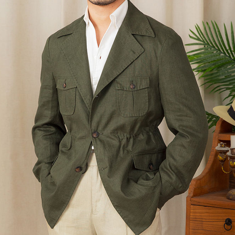 Vintage Distressed Linen Single-Breasted Safari Jacket