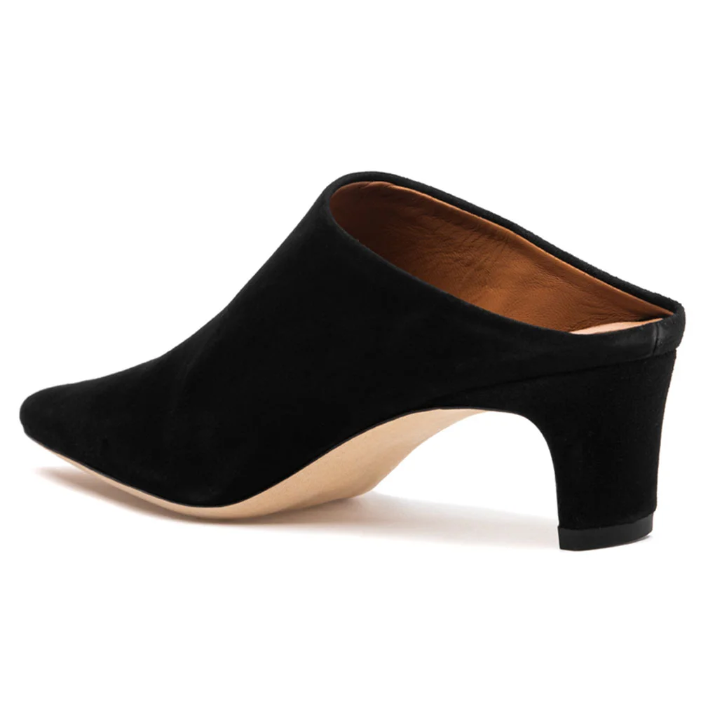 Black Vegan Suede Square Toe Mules for Women with Chunky Heel