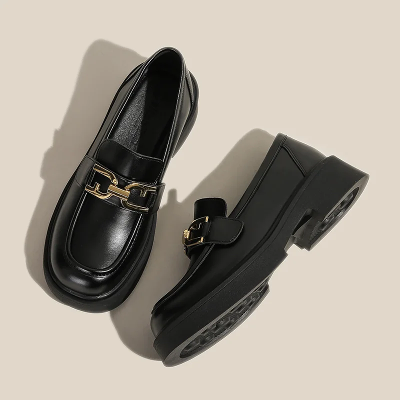 Uveng Uveng New Shallow Mouth British Wind College Single Shoes Korean Version Of Small Black Leather Shoes Shallow Mouth With Skirt Loafers Women