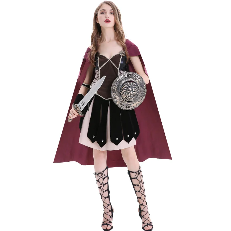 Women's Halloween Fancy Dress Medieval Roman Warrior Costume Outfit-elleschic