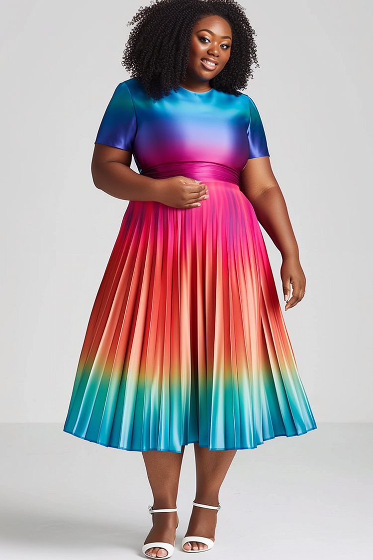 Xpluswear Design Plus Size Semi Formal Rainbow Gradient Round Neck Short Sleeve Pleated Satin Midi Dresses [Pre-Order]