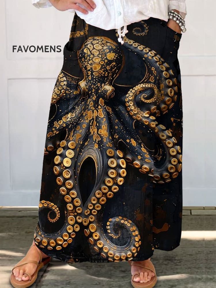 Women’s Vintage Octopus Art Print Linen Pocket Skirt Multicolor / S