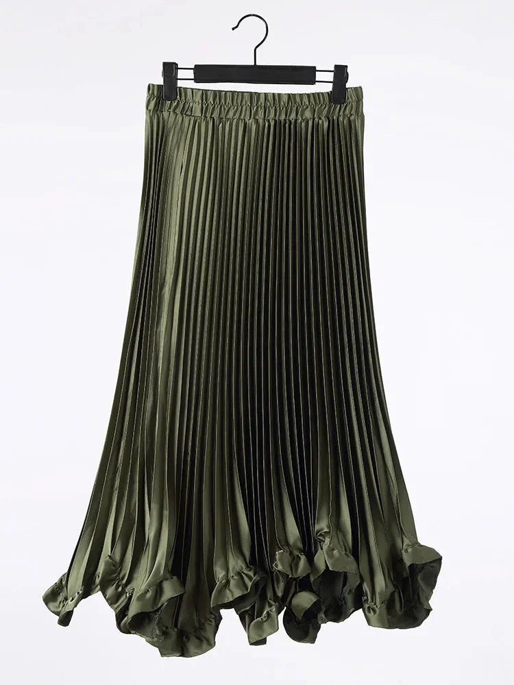 Toloer Satin Pleated Ruffles Midi Skirt-Outfit Ideas