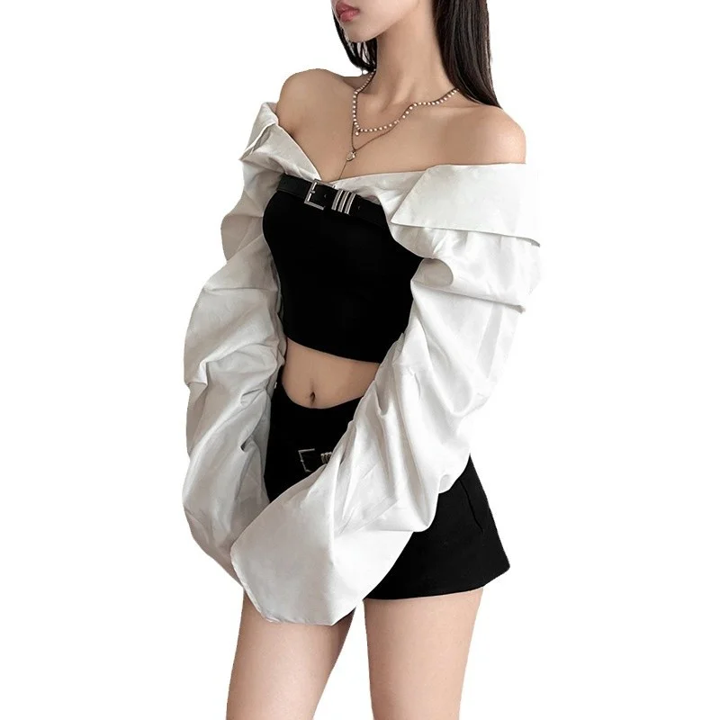 Churchf Autumn 2024 New Women's Clothing Sexy Body-Scuffed Shoulder-Collision To Receive Waist-Clothed Umbilly Tops