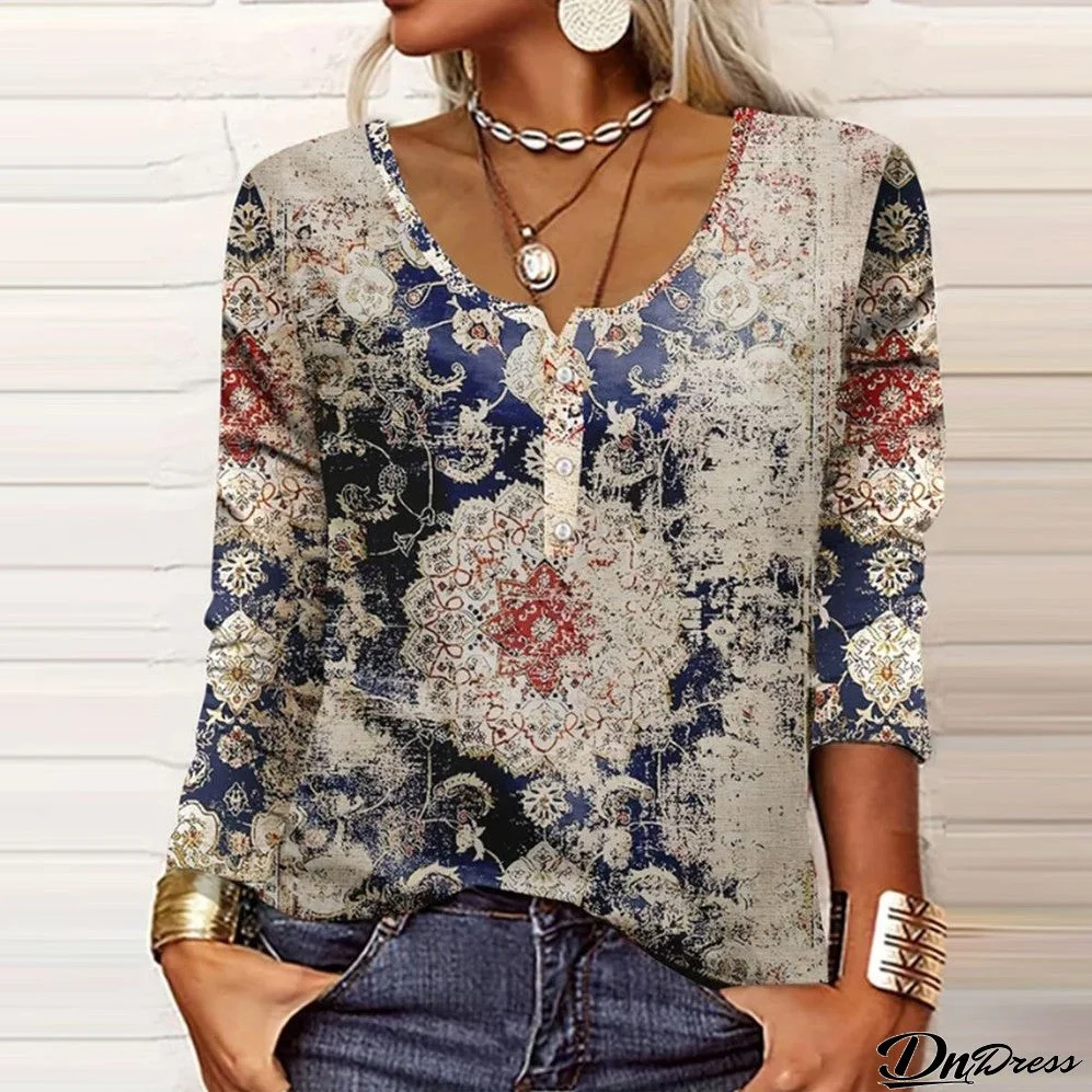Retro Print Round Neck Top