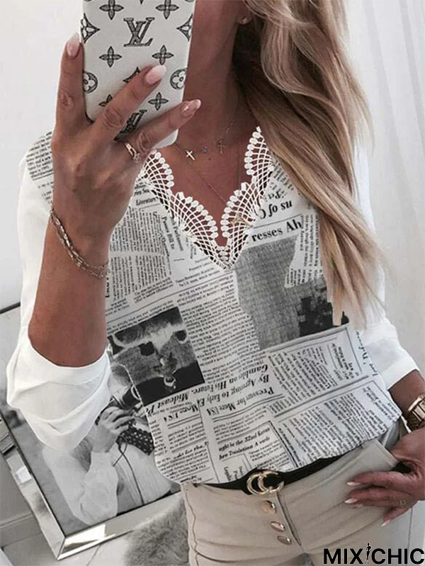 Printed Casual Long Sleeve V Neck T-shirt