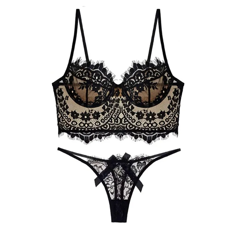Lace sling bra with panties set thin section big breasts plus size sexy temptation lingerie comfortable vest underwear set