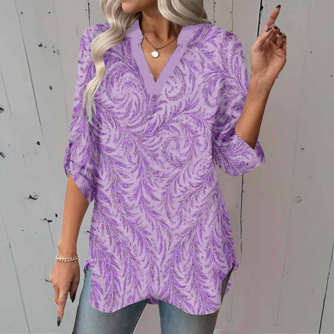 Women Texture, Purple DZGA0393 3/4 Sleeve V-neck Printed Graphic Button Tops