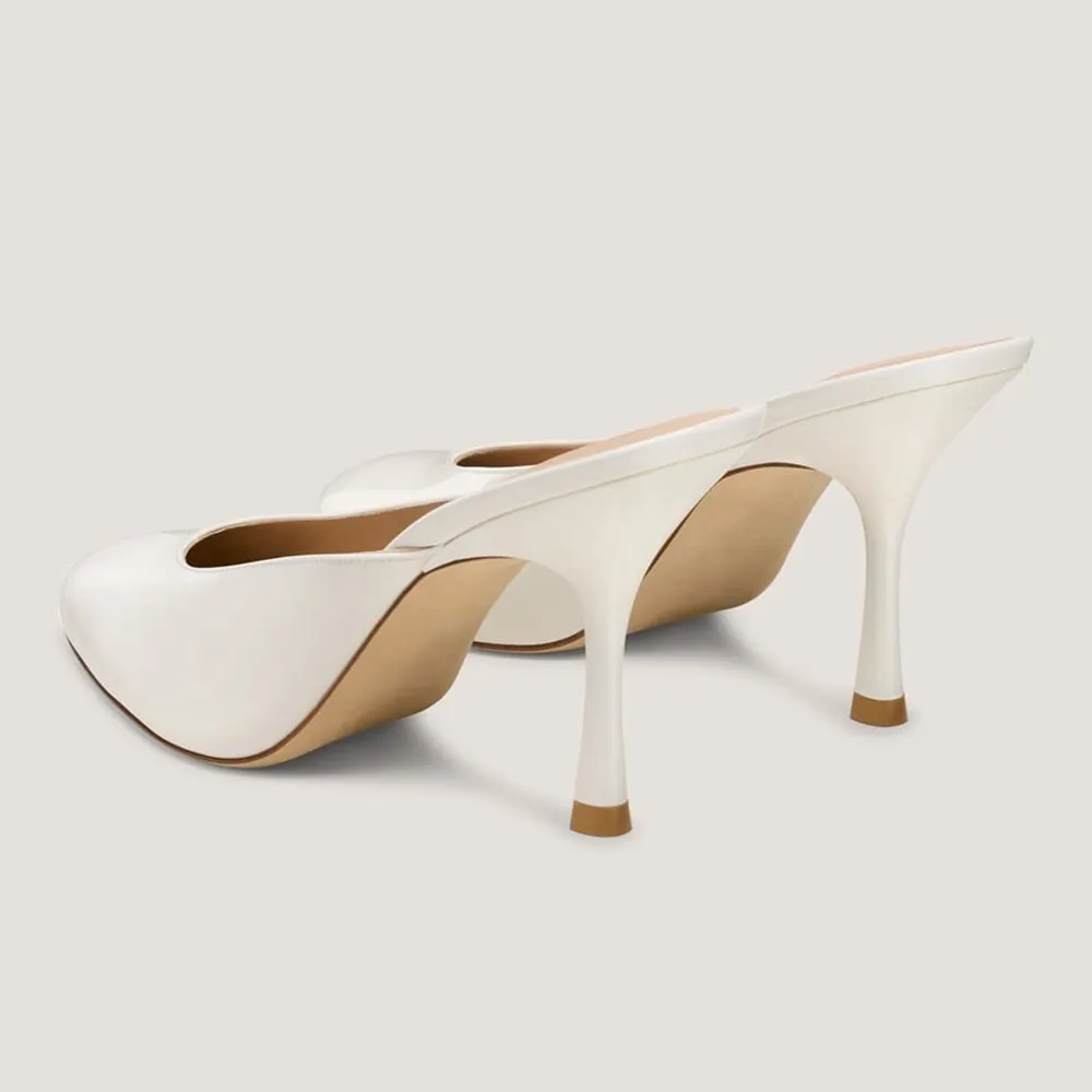 White Patent Leather Round Toe Slip On Stiletto Heeled Mules