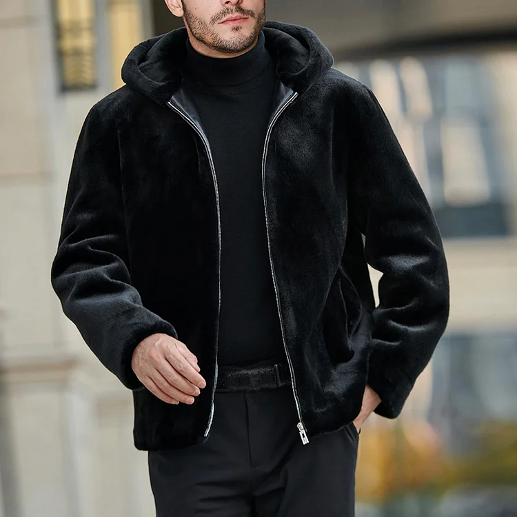 Men's Fashion Artificial Fur Hooded Zipper Long Sleeve Winter Coat