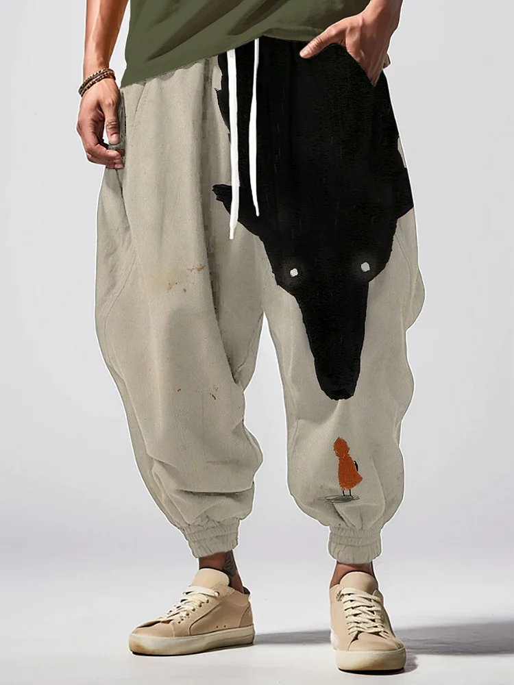 Men's The Wolf And Little Red Riding Hood Print Loose Drawstring Waist Sweatpants