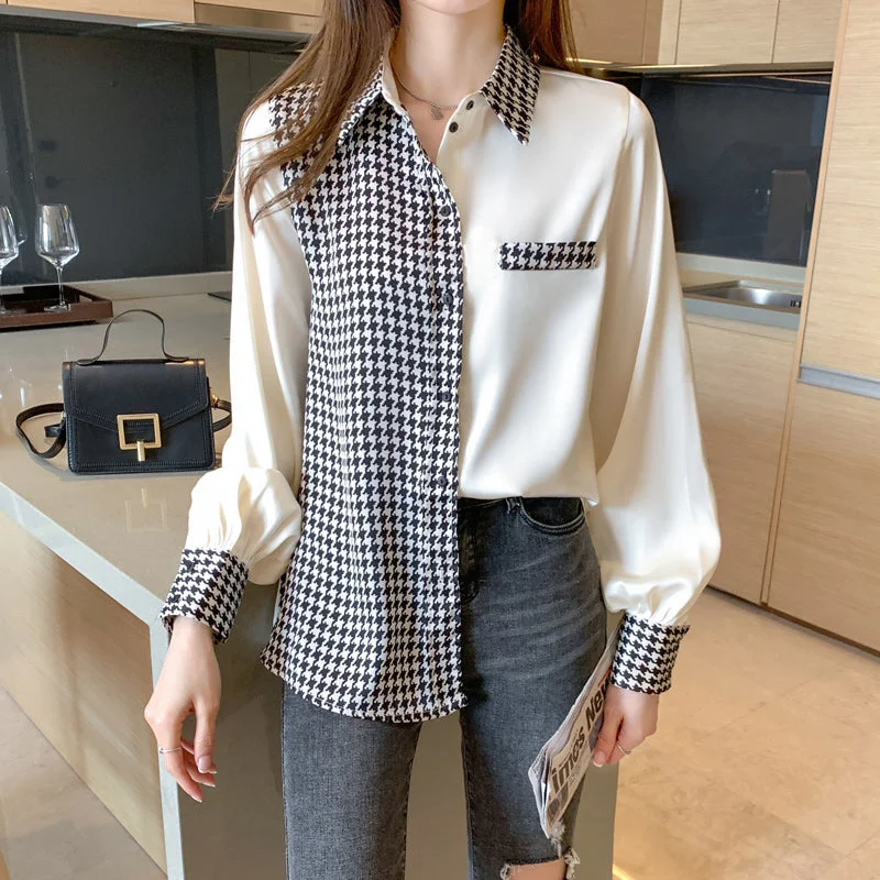 Abebey-Graduation gift, dressing for the Coachella Valley Music Festival,Long Sleeve Houndstooth Satin Blouse Shirt