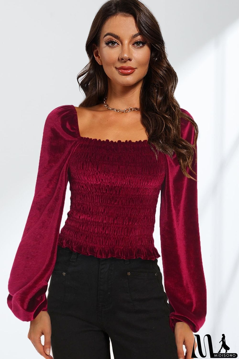 MidiSono - Smocked Square Neck Long Sleeve Blouse