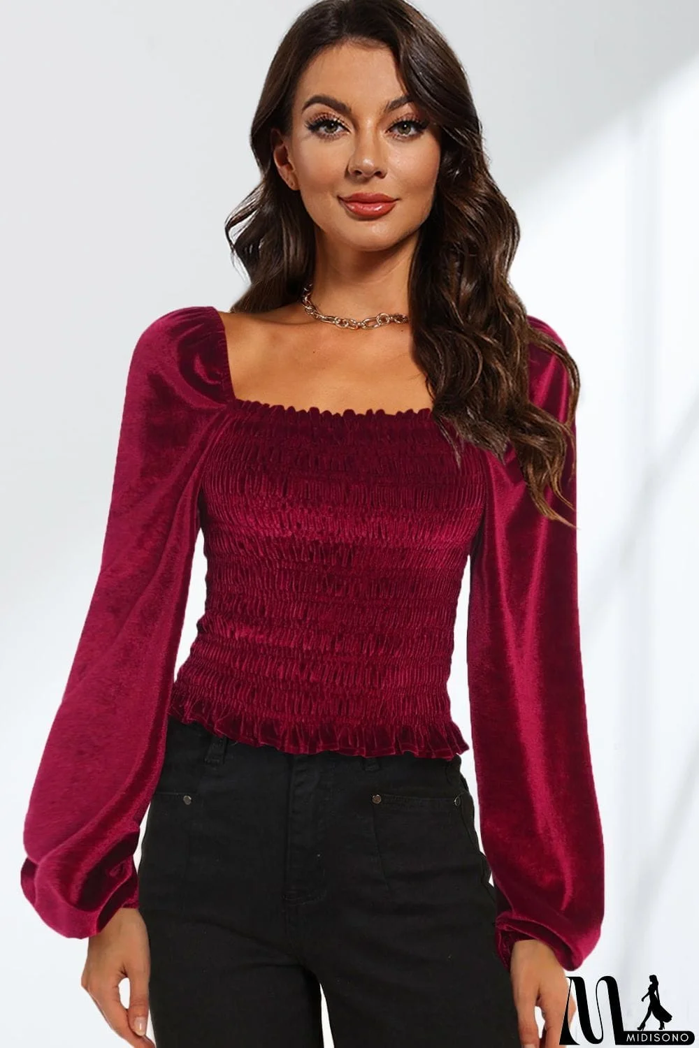 MidiSono - Smocked Square Neck Long Sleeve Blouse