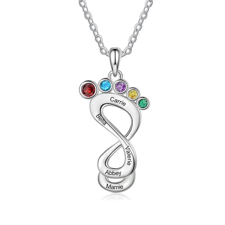 Personalized Infinity Baby Feet Necklace Custom 5 Birthstones Family Necklace