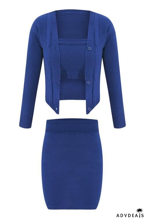 Button Cardigan Skirts Set