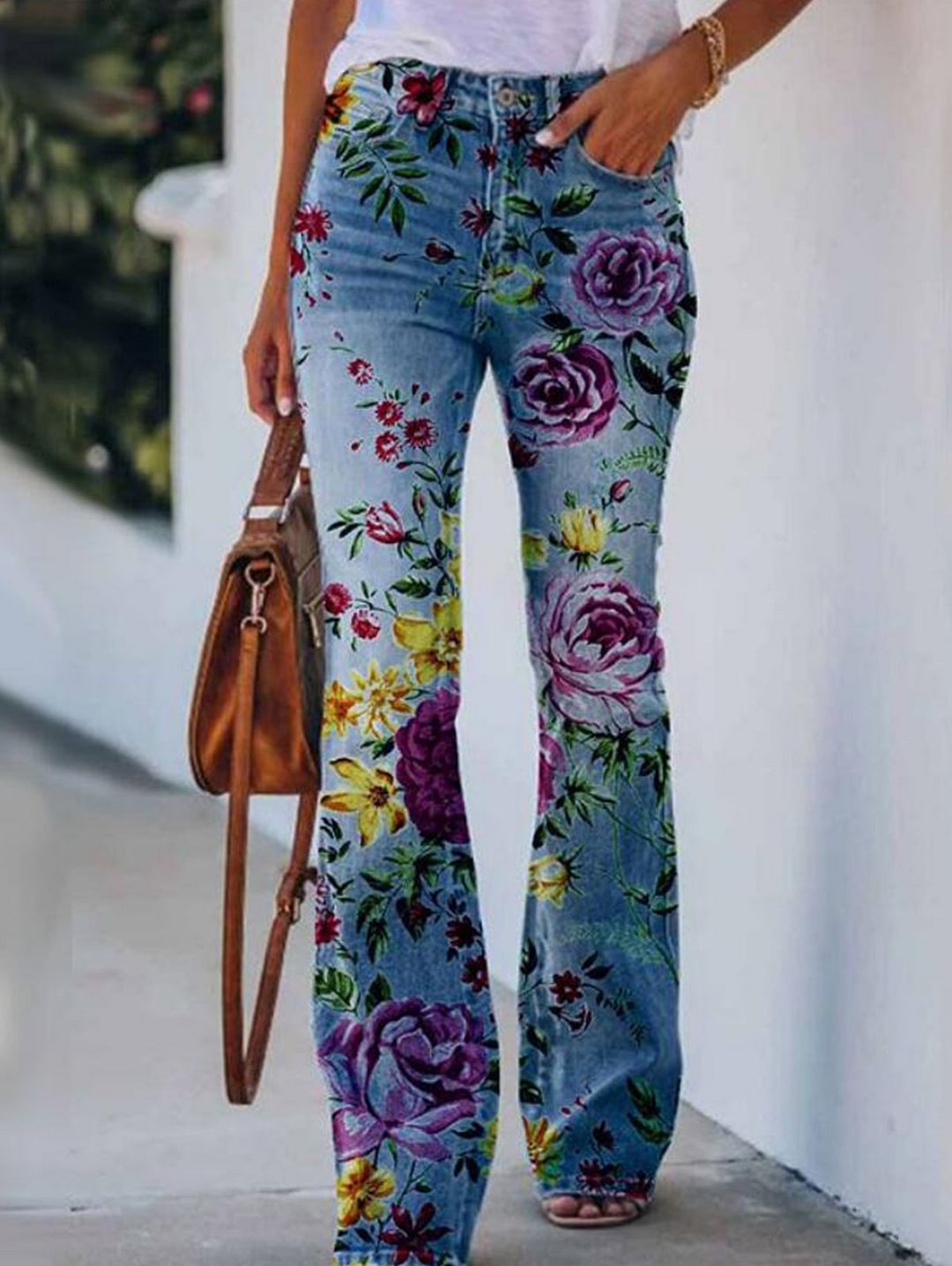 Retro Floral High Waisted Flare Leg  Jeans
