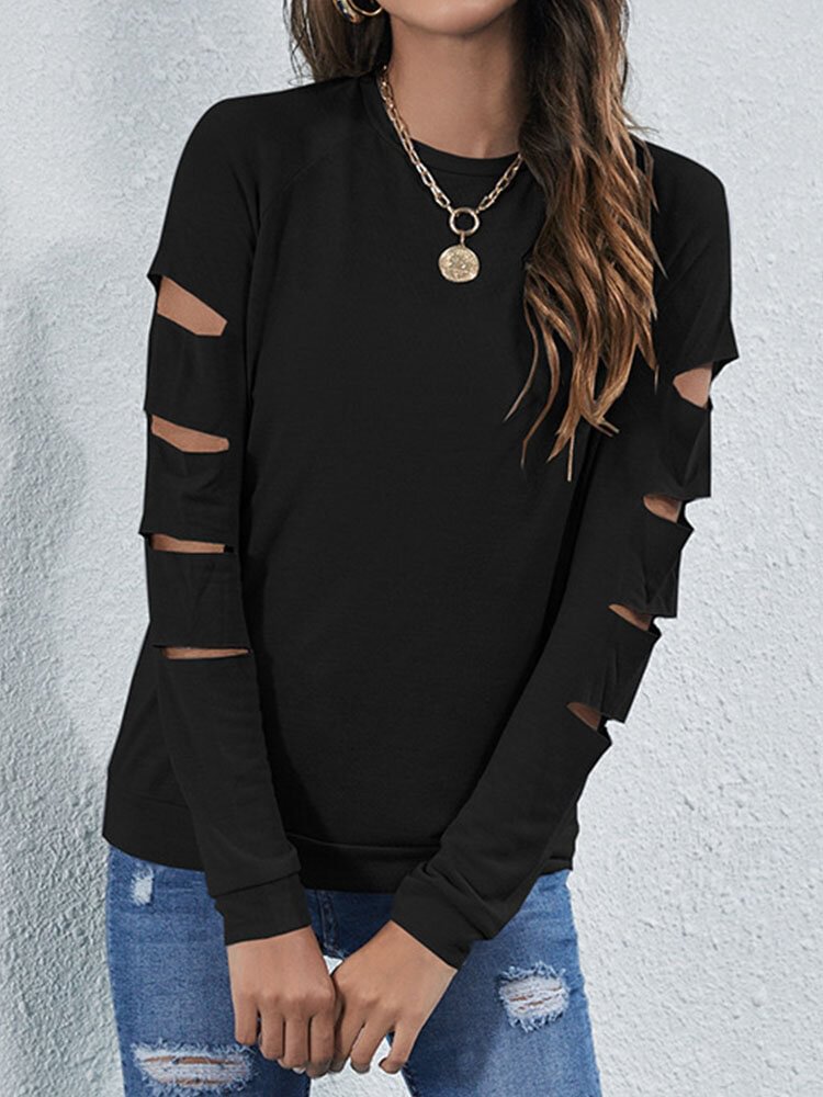Solid Color O neck Long Sleeve Ripped Women T shirt P1857577