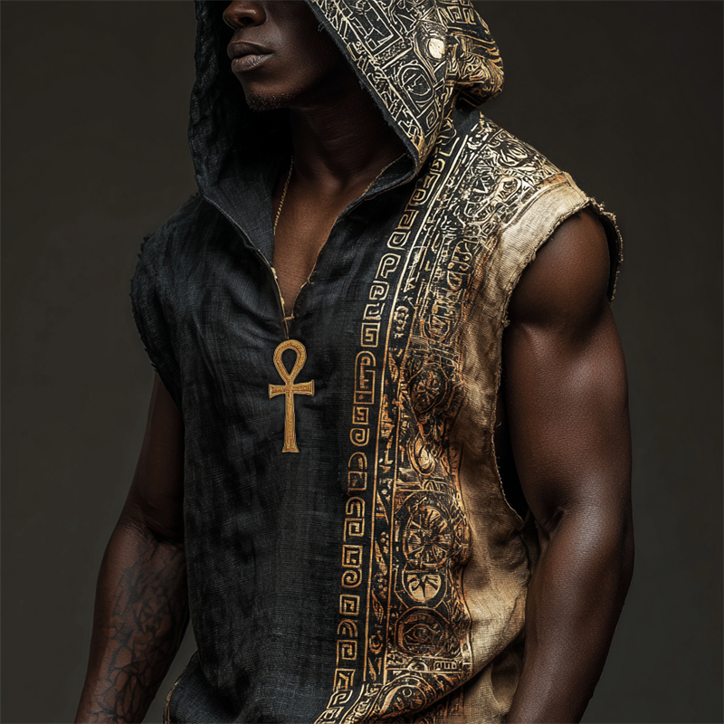 Men's Ankh Ancient Egyptian Golden Contrast Hooded Linen Tank