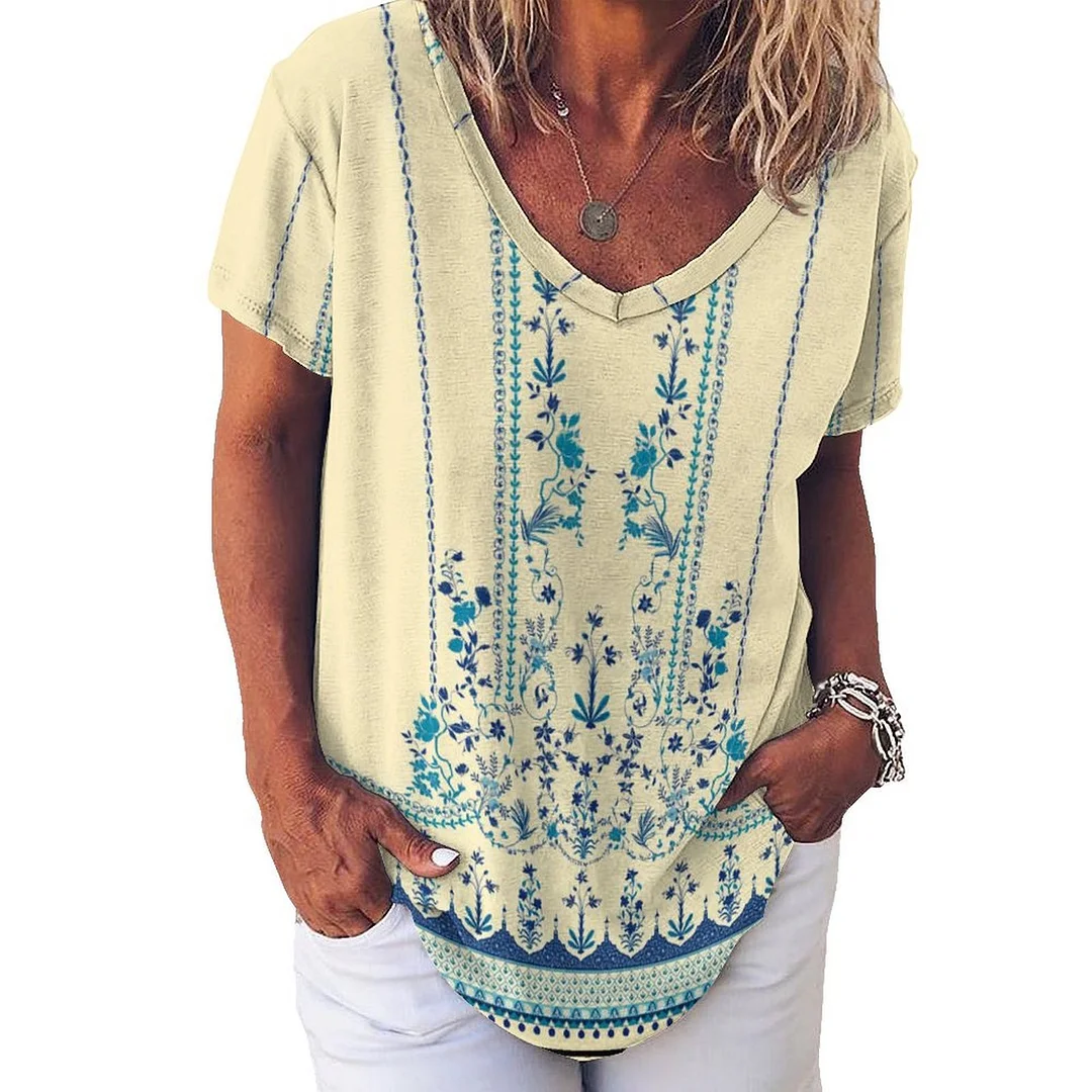 Style & Comfort for Mature Women V-neck Short Sleeve Casual T-shirt for  Women Printed with Pattern Blue, Yellow, Vintage