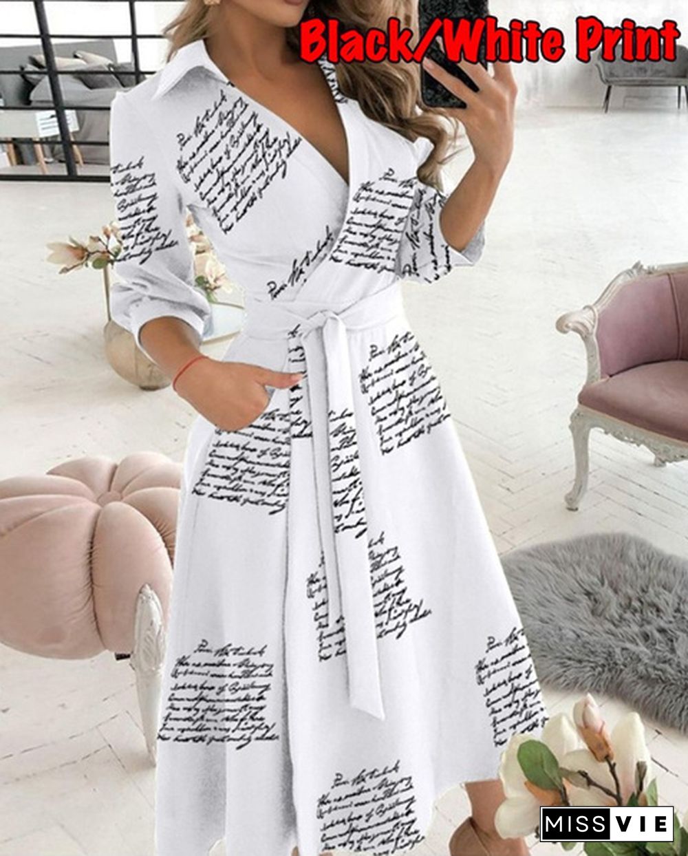 Fashion V-Neck Print Dress-SummerCasualBeltLacePartyLinePromLongSleeveLadiesTunic