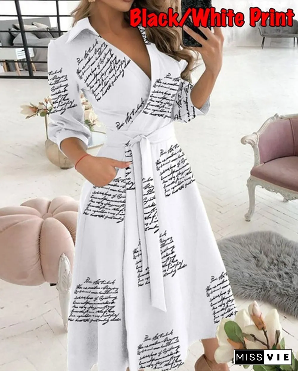 Fashion V-Neck Print Dress-SummerCasualBeltLacePartyLinePromLongSleeveLadiesTunic