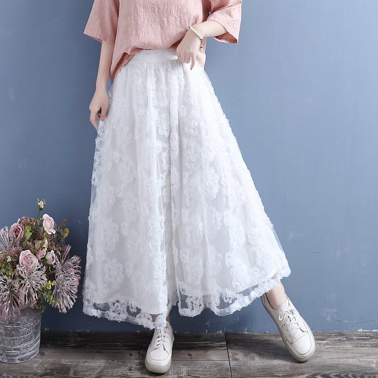 Double-Layer Flower Lace Mesh Cotton Linen Autumn Skirt