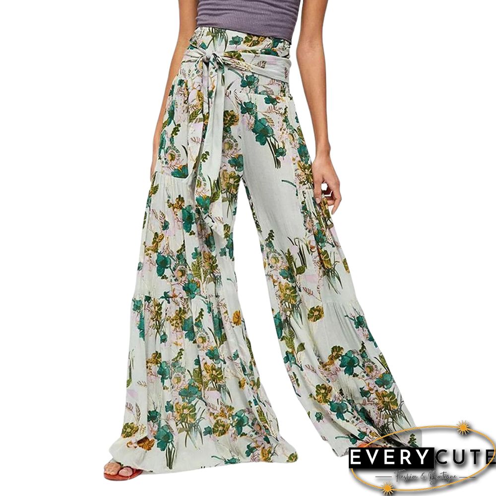 Light Green Digital Print Tie Waist Beachwear Wide Leg Pants