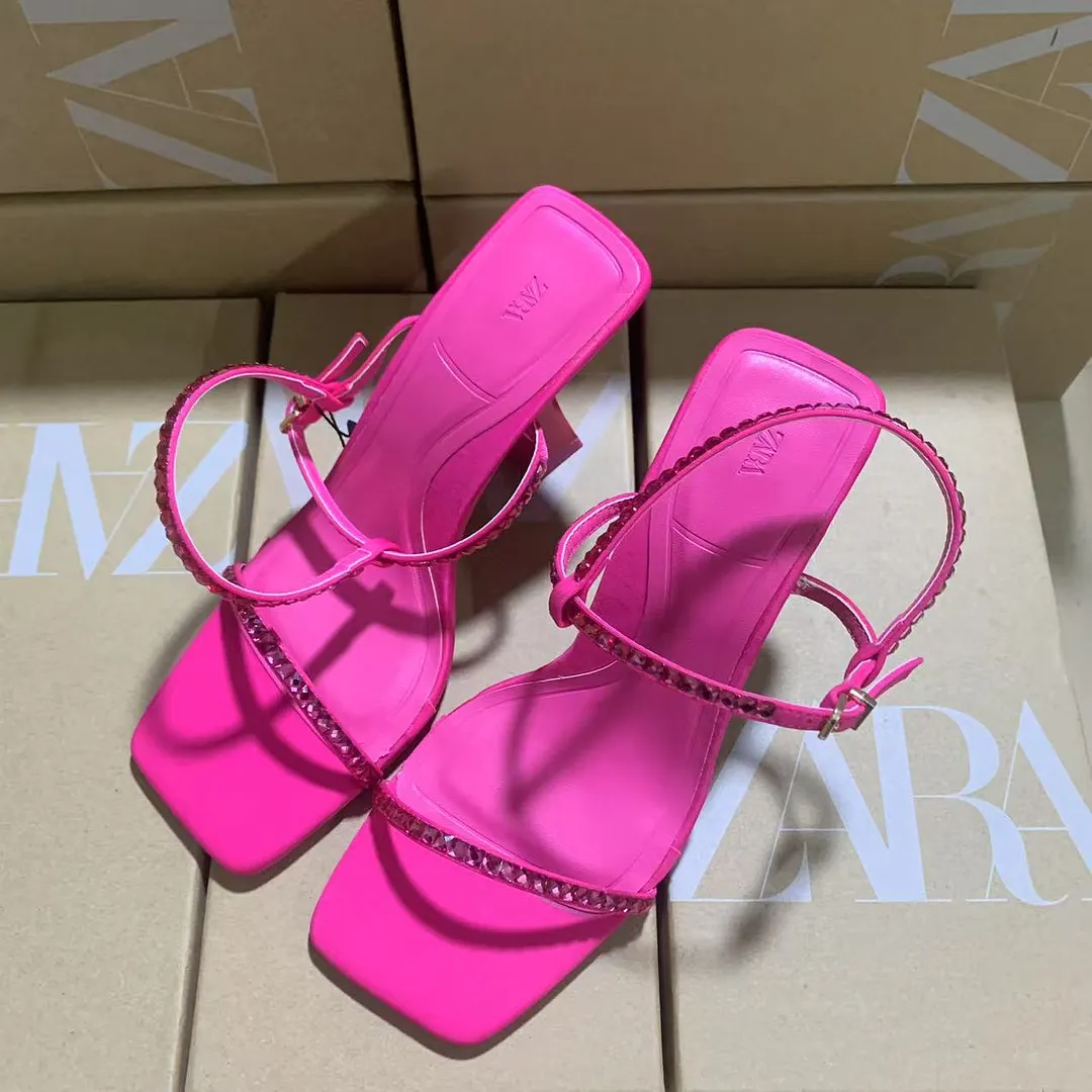 Breakj Breakj Spring New Women's Shoes Red Diamond Decoration French High Heels Square With Sandals