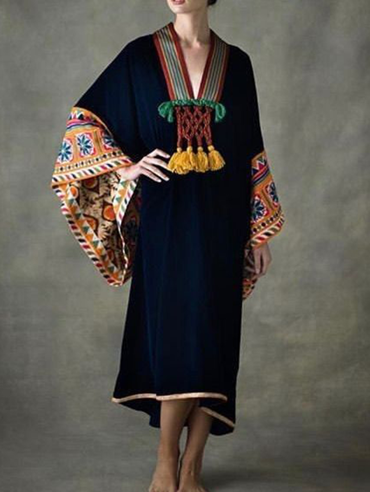 Retro Deep V Neck Ethnic Fringed Long Sleeve Midi Dress - Ladylim