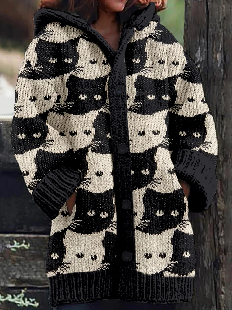 Lovely Cats Knit Art Cozy Hooded Cardigan