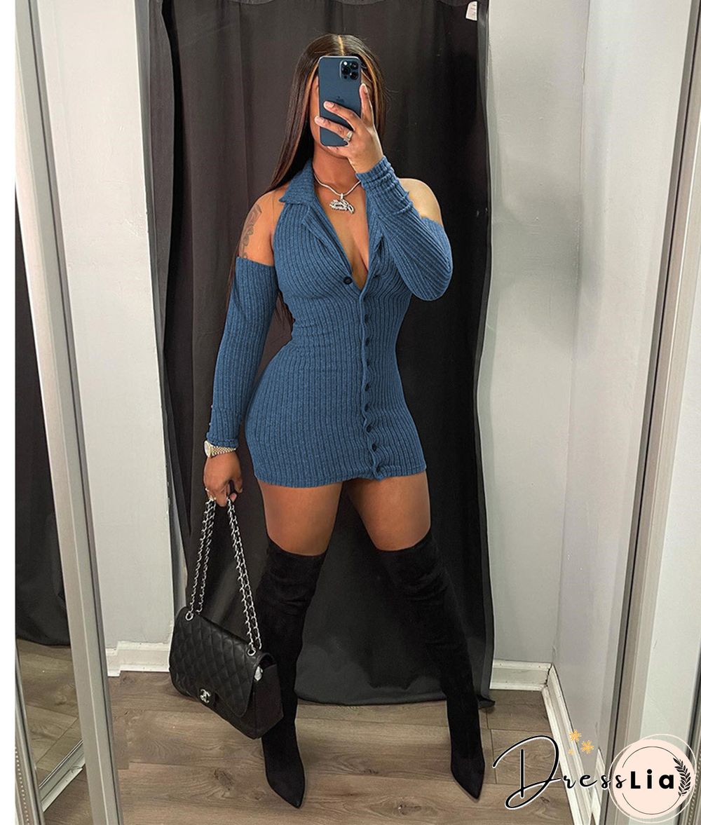 Autumn Ribbed Long Sleeve Lapel Bodycon Mini Dress