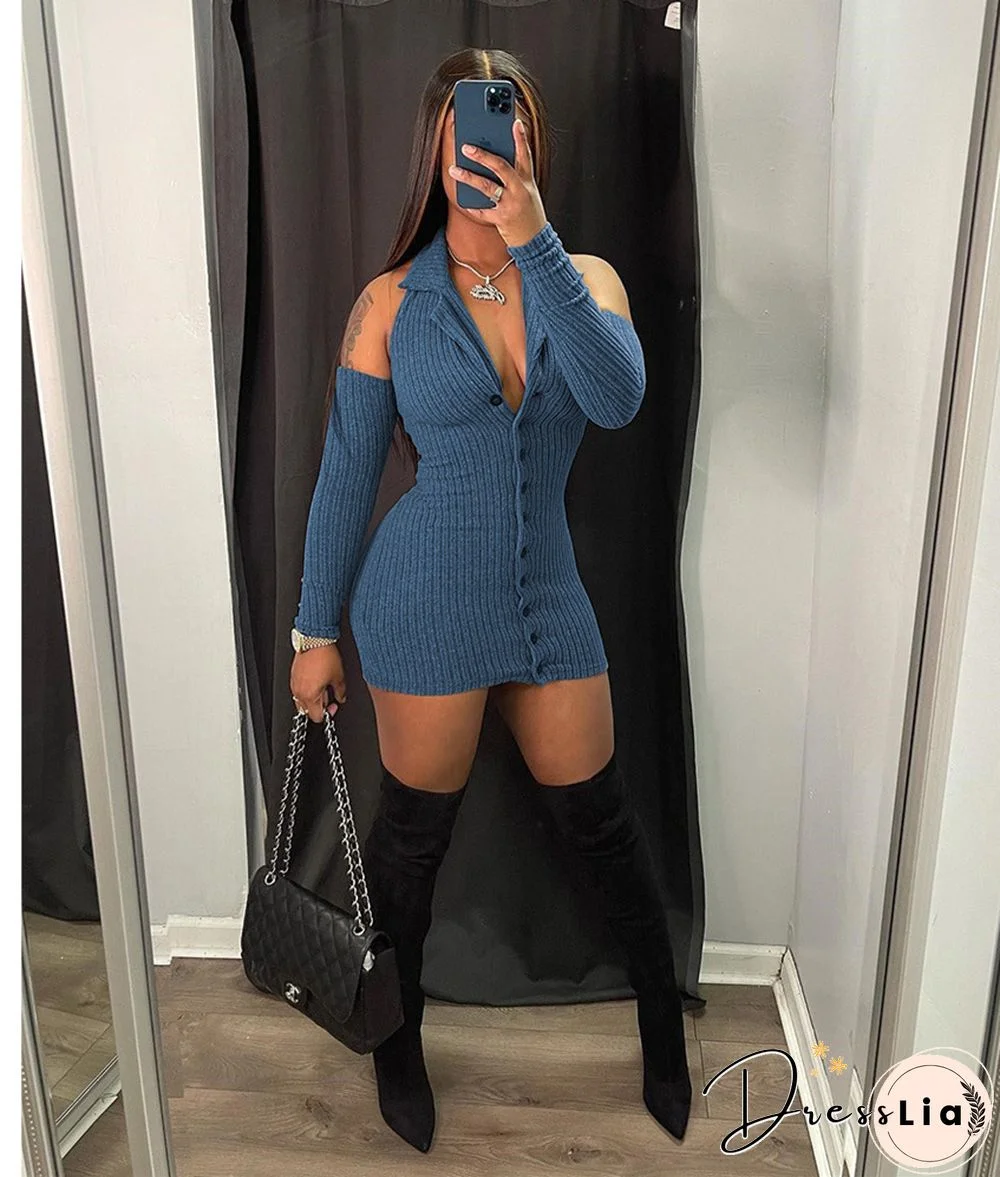 Autumn Ribbed Long Sleeve Lapel Bodycon Mini Dress