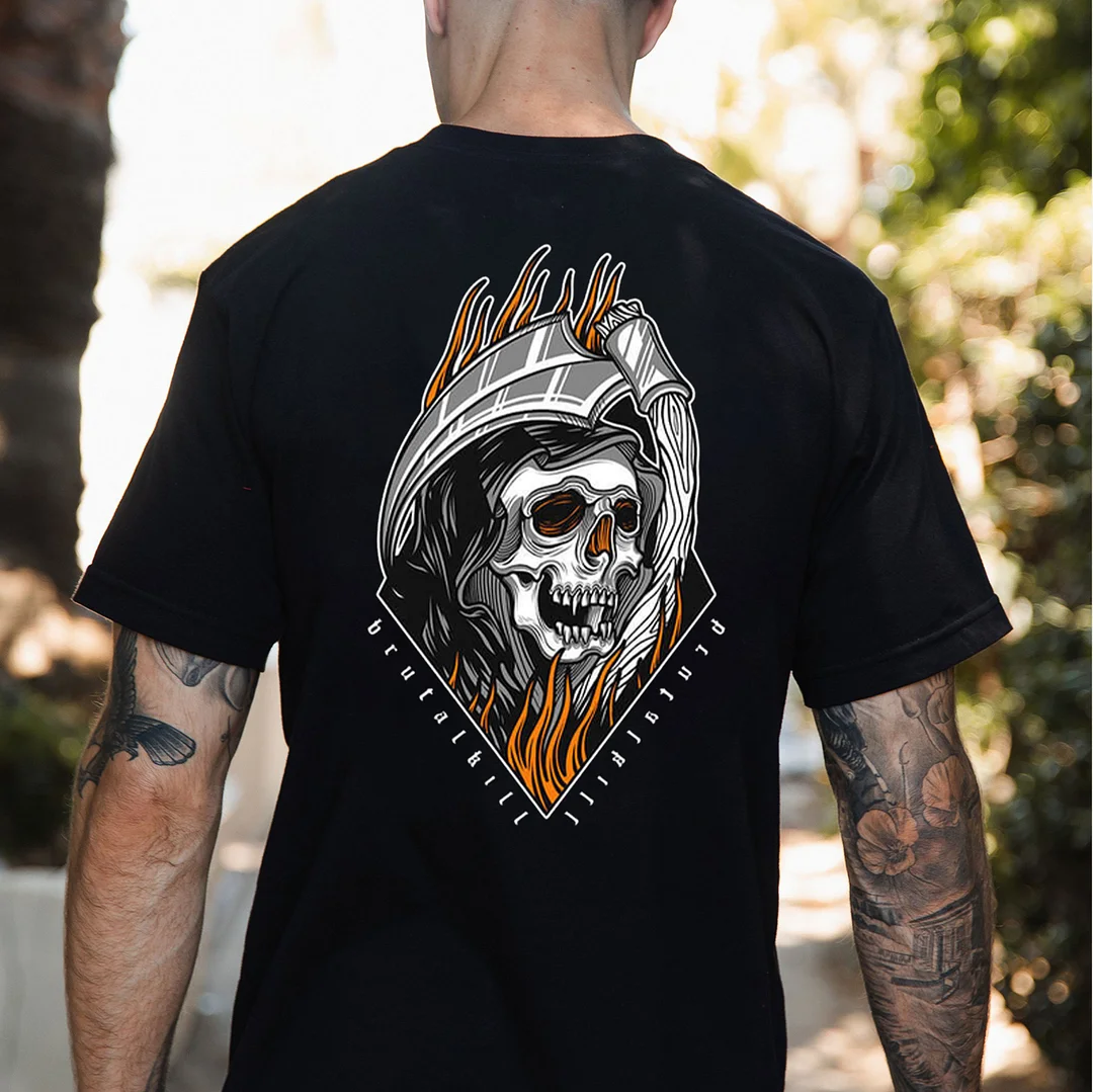 Angry Skull with Weapon Graphic Black Print T-shirt